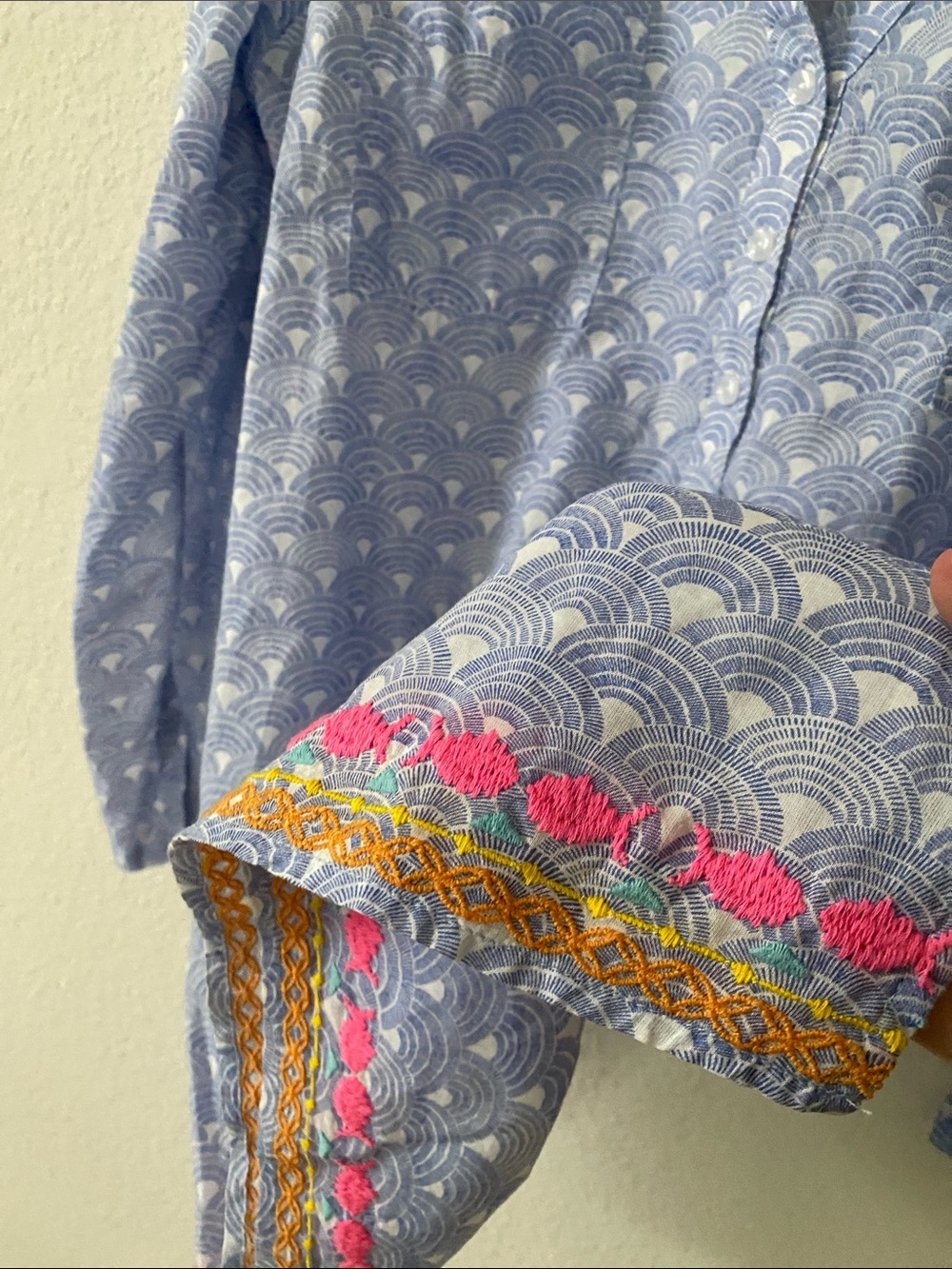 Tori Richard Blue White Scallop Print Cotton Tunic Blouse XL - Picture 9 of 10